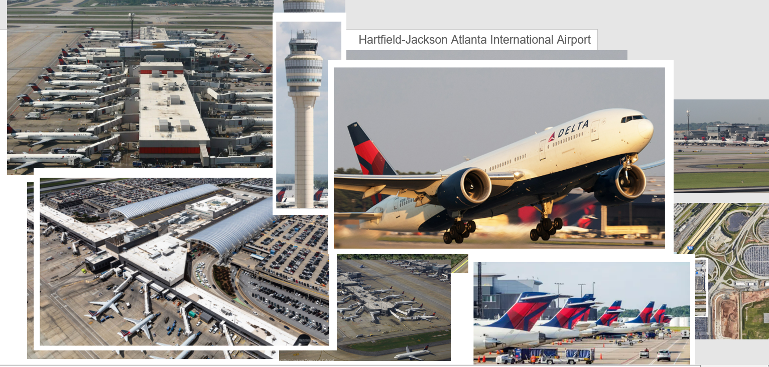 Collage of Hartsfield-Jackson Atlanta International Airport, including its terminals, control tower, Delta aircraft and runway network