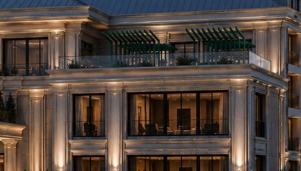 The illuminated pergola terrace of a Legacy Presidential Suite