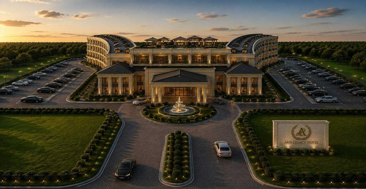 Design Series 1 — a colonnaded mass with curved guest wings and a circular arrival drive