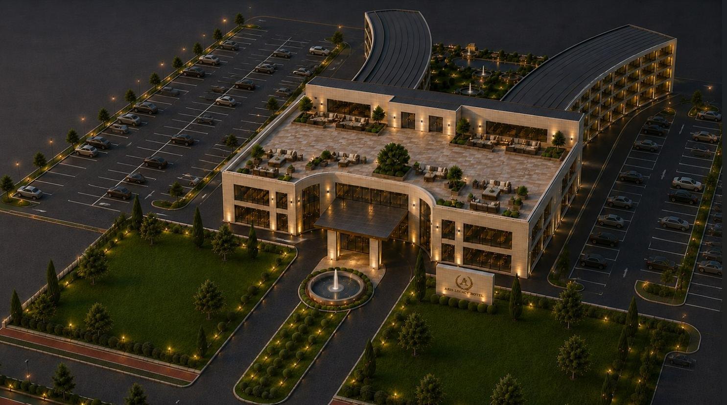 Design Series 3 — a contemporary stone-and-glass hotel concept around a courtyard