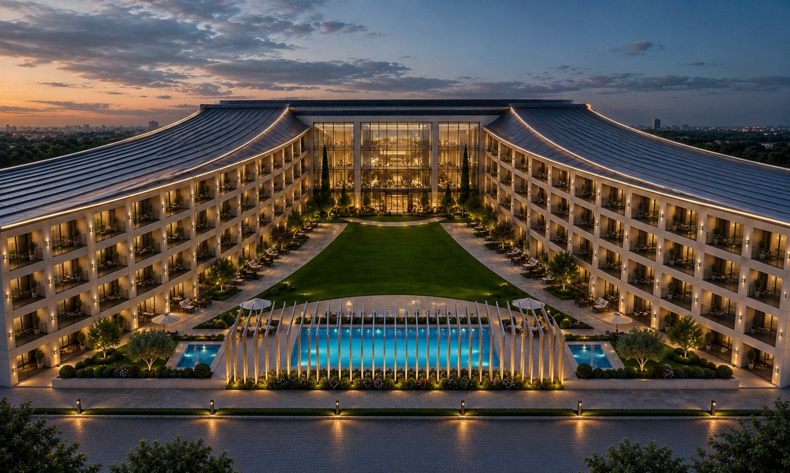 The courtyard and pool terrace of Design Series 3 at dusk