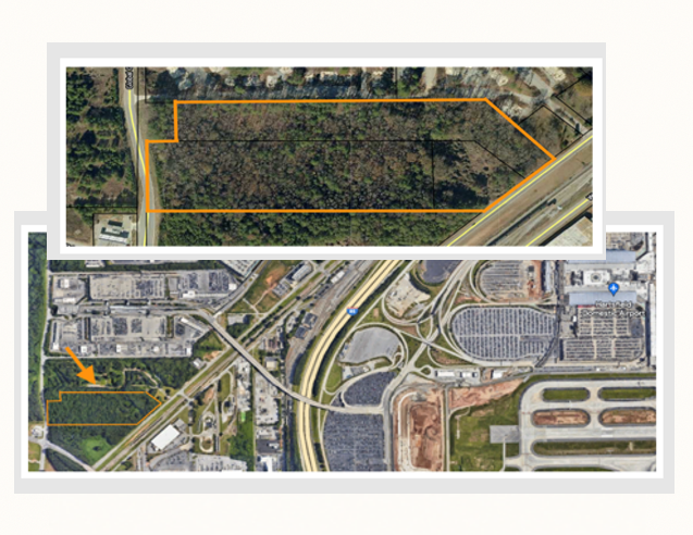 Aerial context map locating the five-acre hotel site beside the airport and Interstate 85