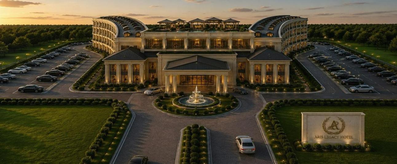 Aerial view of the Aris Legacy Hotel at dusk, showing the arrival court, fountain and guest wings