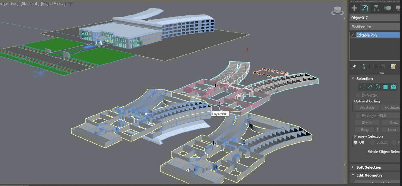 A 3D modelling viewport showing the hotel massing and separated floor plates