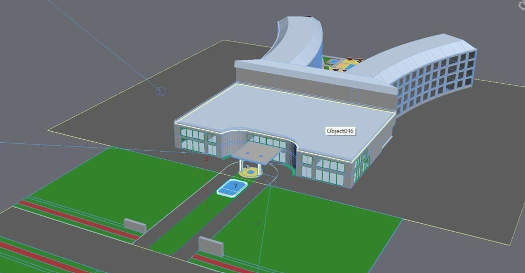 A 3D modelling viewport showing the massing of the public floor and curved guest wings